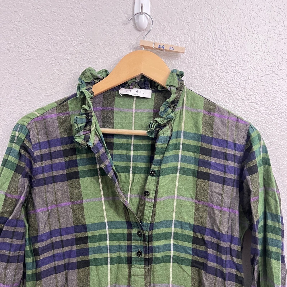 SANDRO PARIS GREEN PLAID LONG SLEEVE RUFFLE NECK HI-LOW SHIRT DRESS Size M - Picture 6 of 16